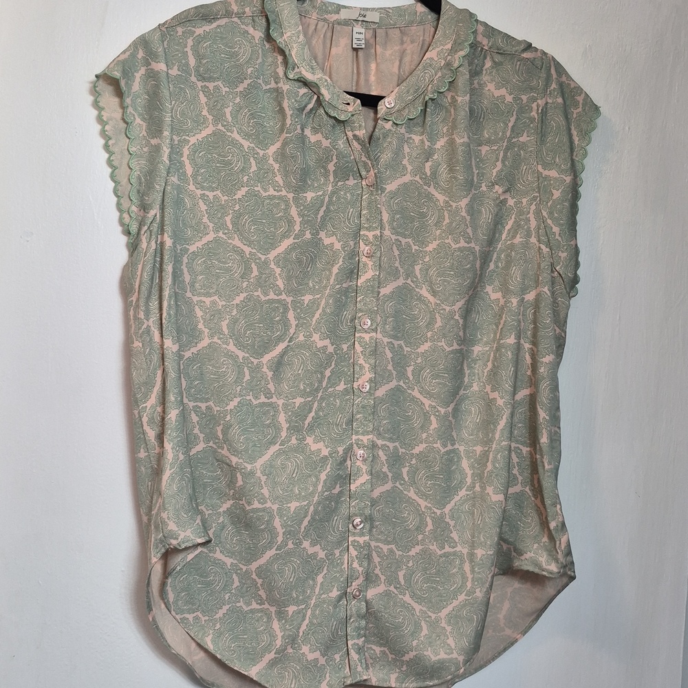 Joie Paisley Stamp top soft mint green light peach Button Down Ruffle Collar M